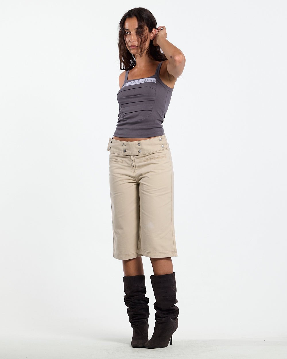 STRAPLINE TANK TOP DARK GREY - dark grey pleated tank top, front view on female model - Cold Culture
