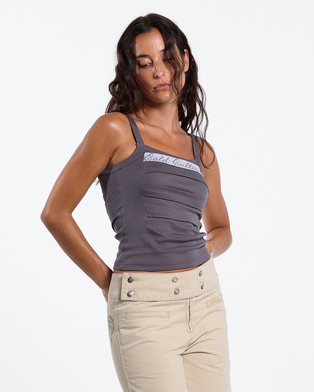 STRAPLINE TANK TOP DARK GREY - dark grey pleated tank top, front view on female model - Cold Culture