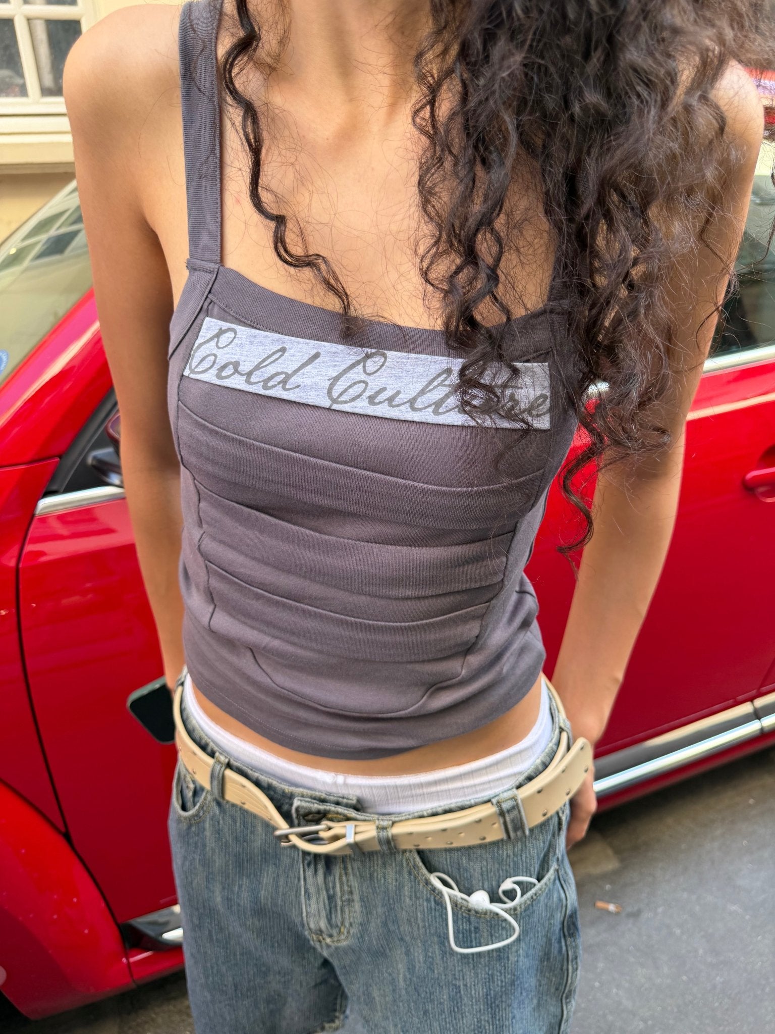 STRAPLINE TANK TOP DARK GREY - dark grey pleated tank top, on model close-up - Cold Culture