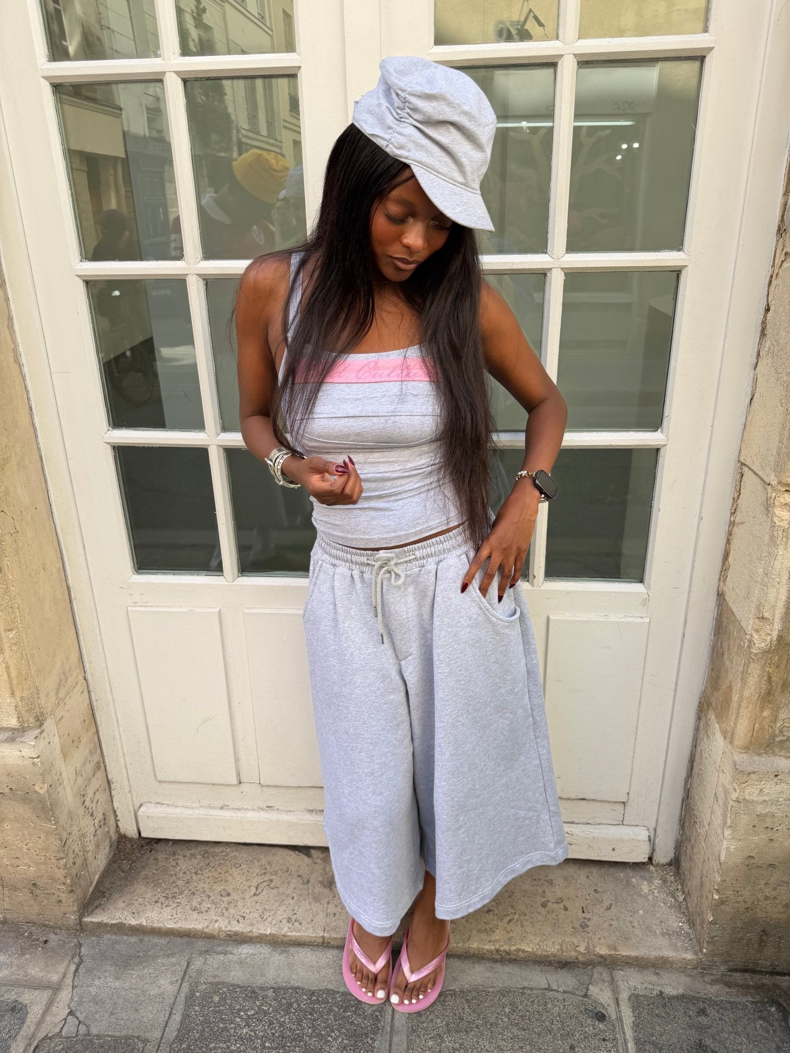 STRAPLINE TANK TOP HEATHER GREY - heather grey pleated tank top, street style shot - Cold Culture