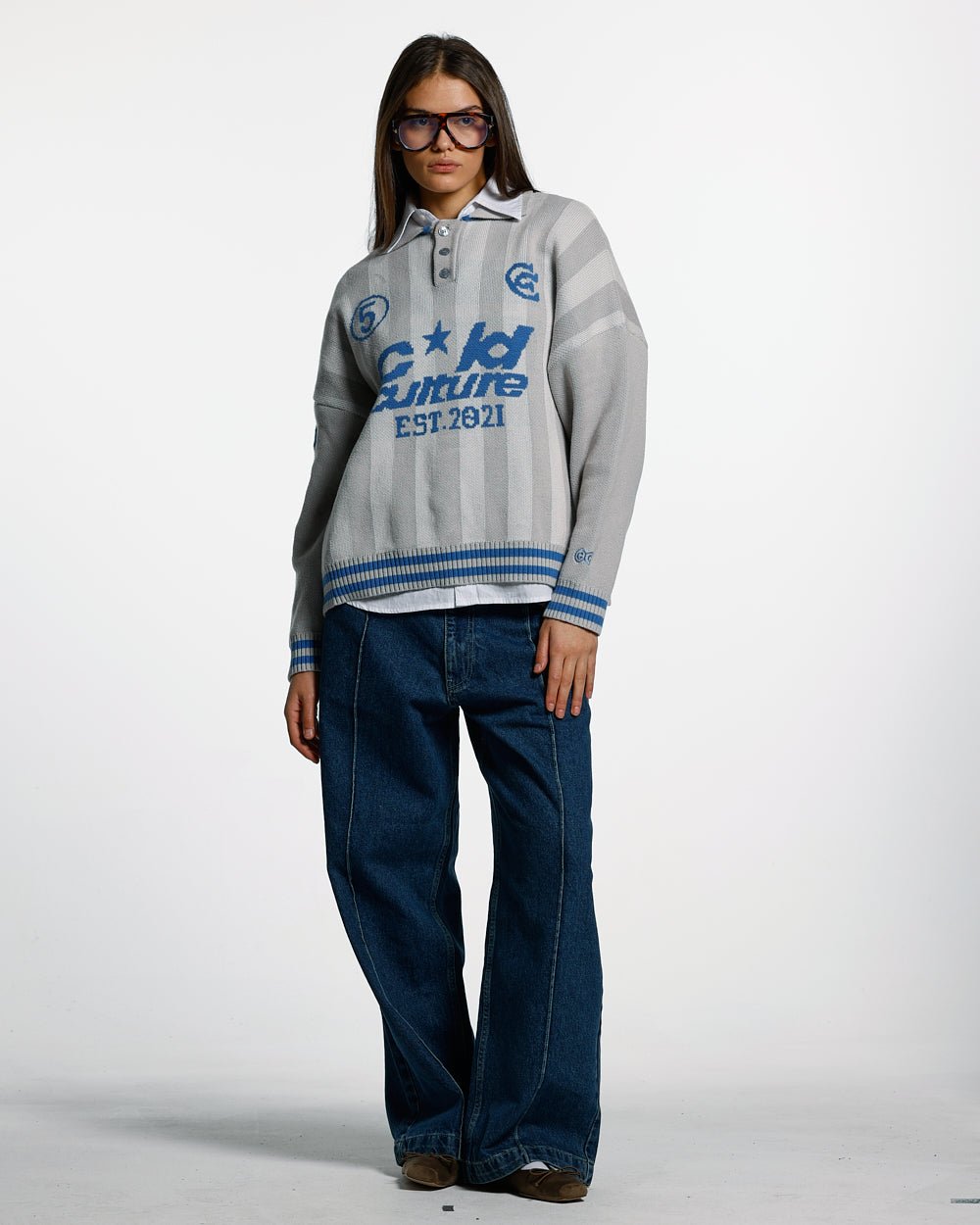 STRUCTURE COLLAR KNIT SWEATSHIRT BEIGE/BLUE - COLD CULTURE