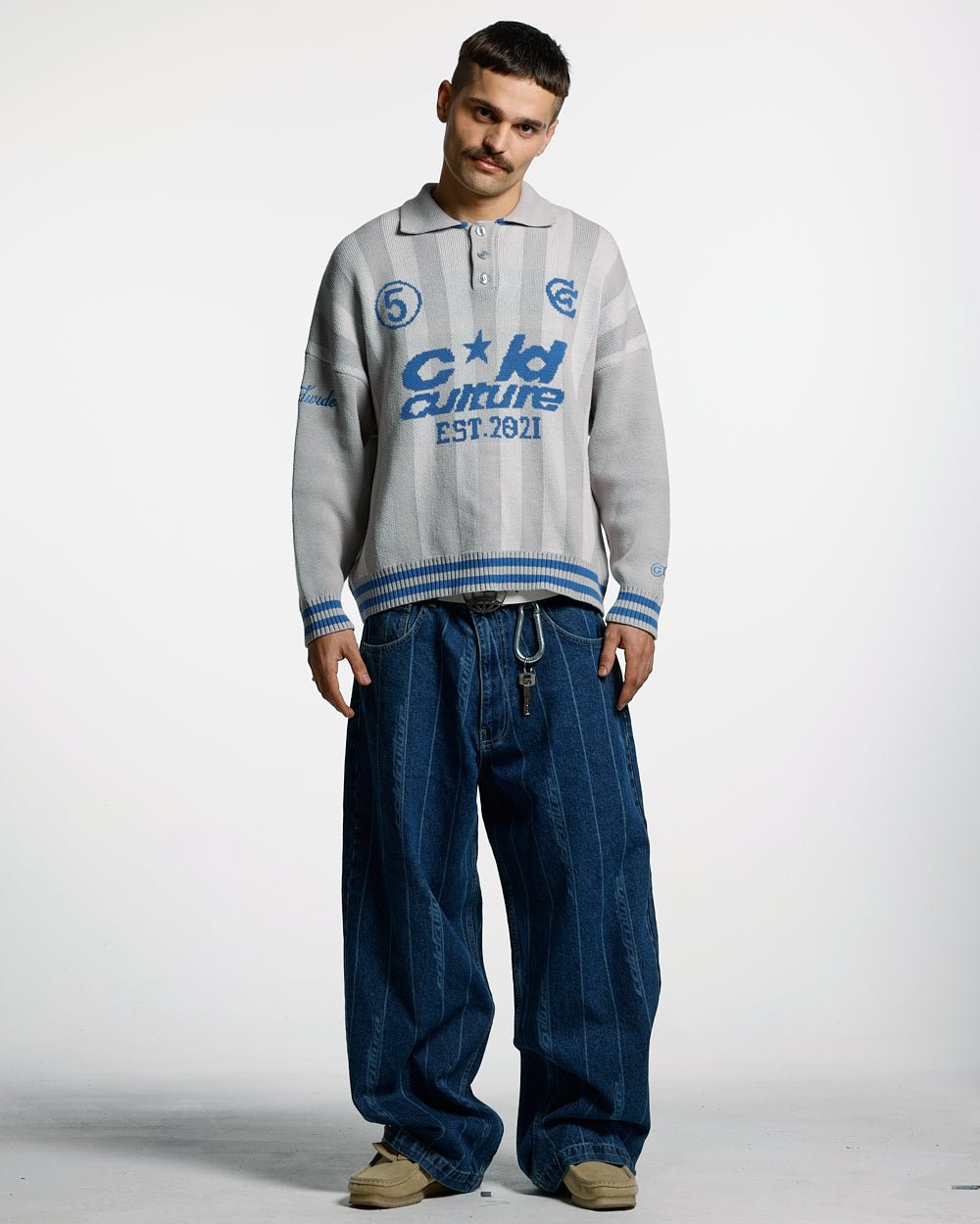 STRUCTURE COLLAR KNIT SWEATSHIRT BEIGE/BLUE - COLD CULTURE