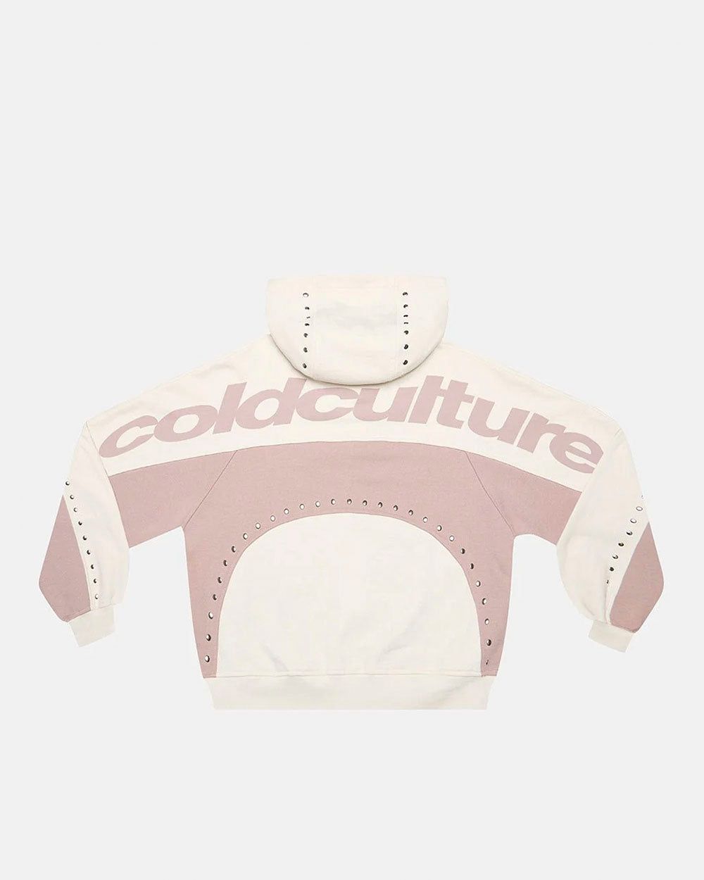 STUD ZIP HOODIE LIGHT GREY - cream and pink studded zip-up hoodie, back view - Cold Culture #packshot