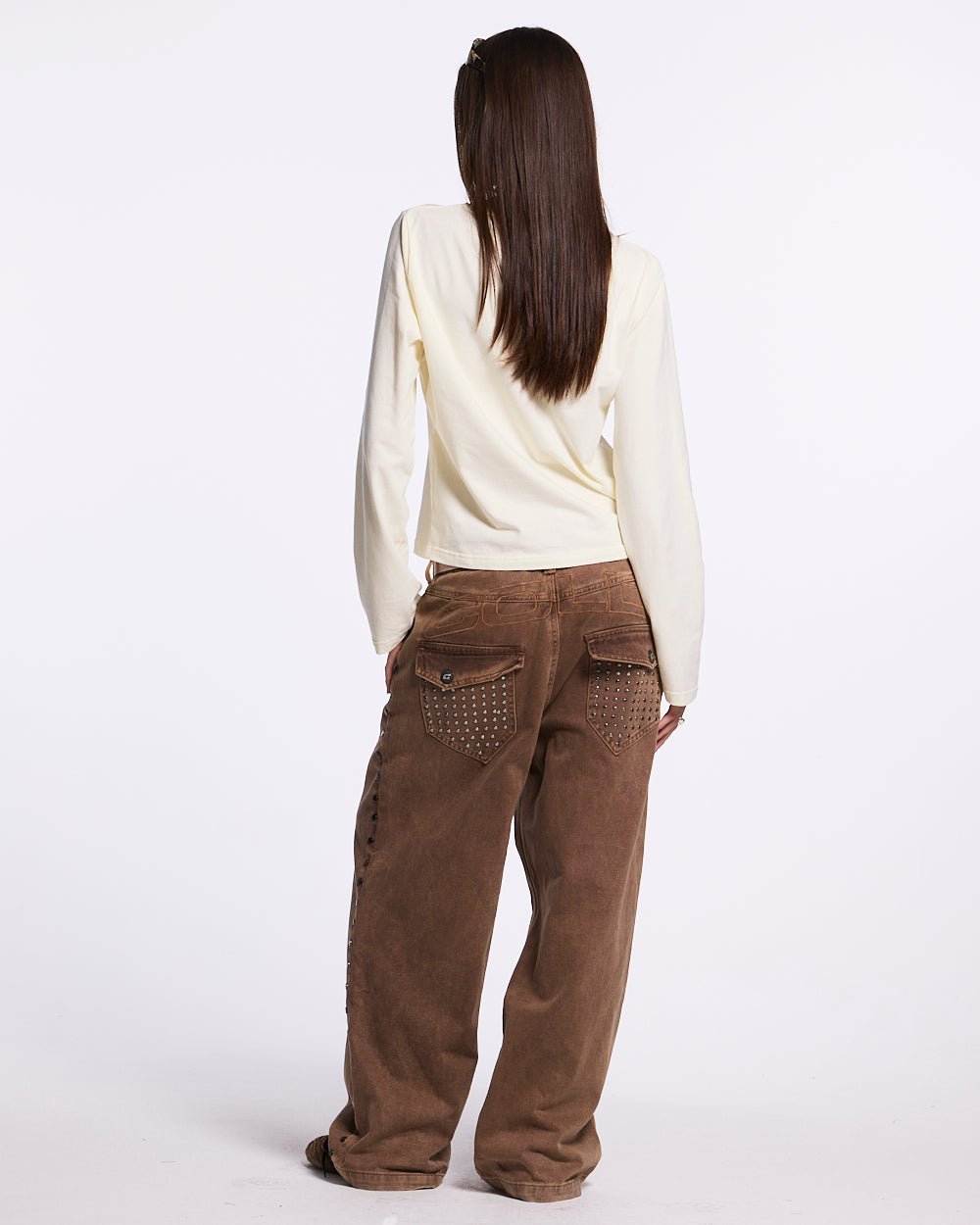 STUDS PANTS BROWN DENIM - Cold Culture