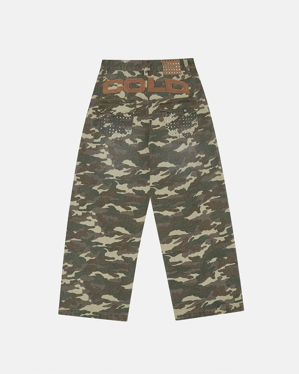 STUDS PANTS CAMO - camo studded pants, back view - Cold Culture #packshot