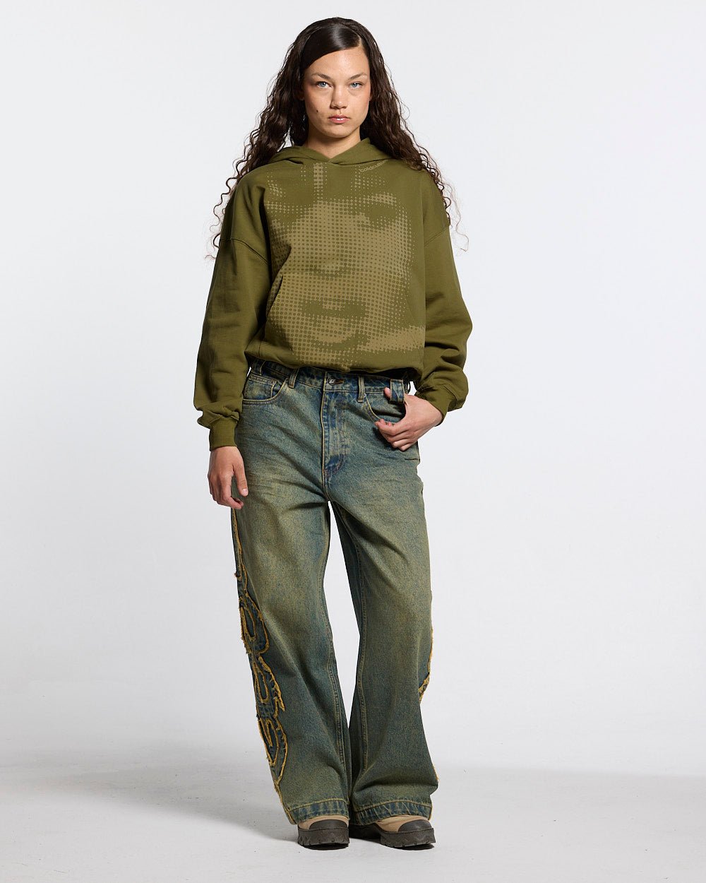 TRIBAL DISTRESSED V2 PANTS GREEN WASHED DENIM - Cold Culture #woman