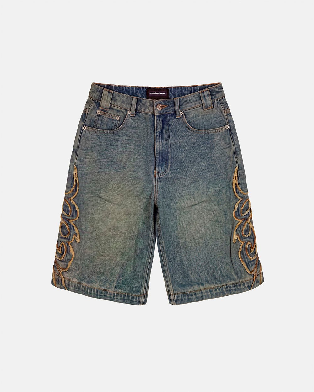 TRIBAL DISTRESSED V2 SHORTS GREEN - green washed denim shorts, front view - Cold Culture