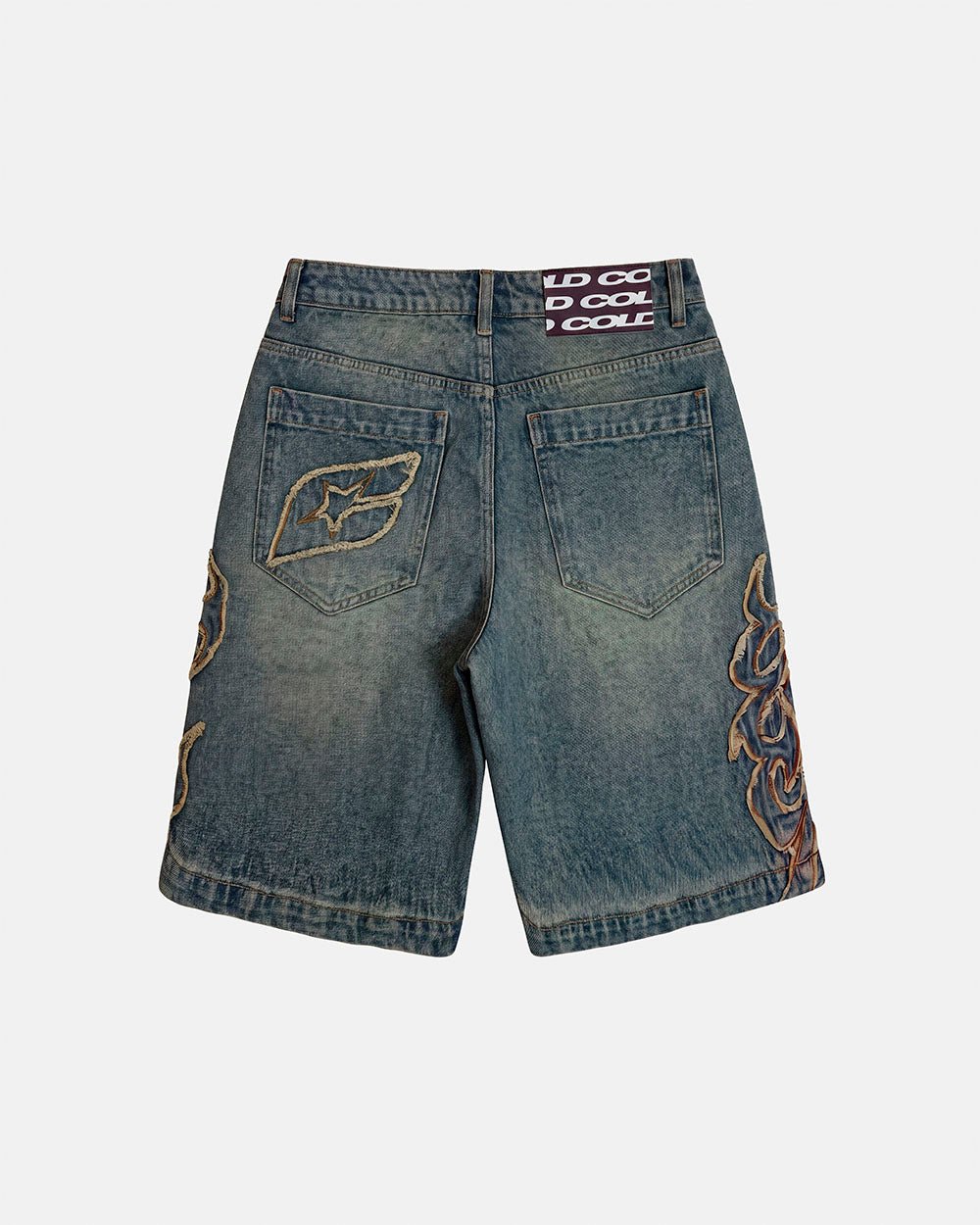 TRIBAL DISTRESSED V2 SHORTS GREEN - green washed denim shorts, back view - Cold Culture