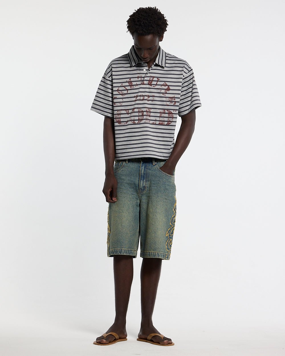 TRIBAL DISTRESSED V2 SHORTS GREEN - green washed denim shorts, front view on male model - Cold Culture