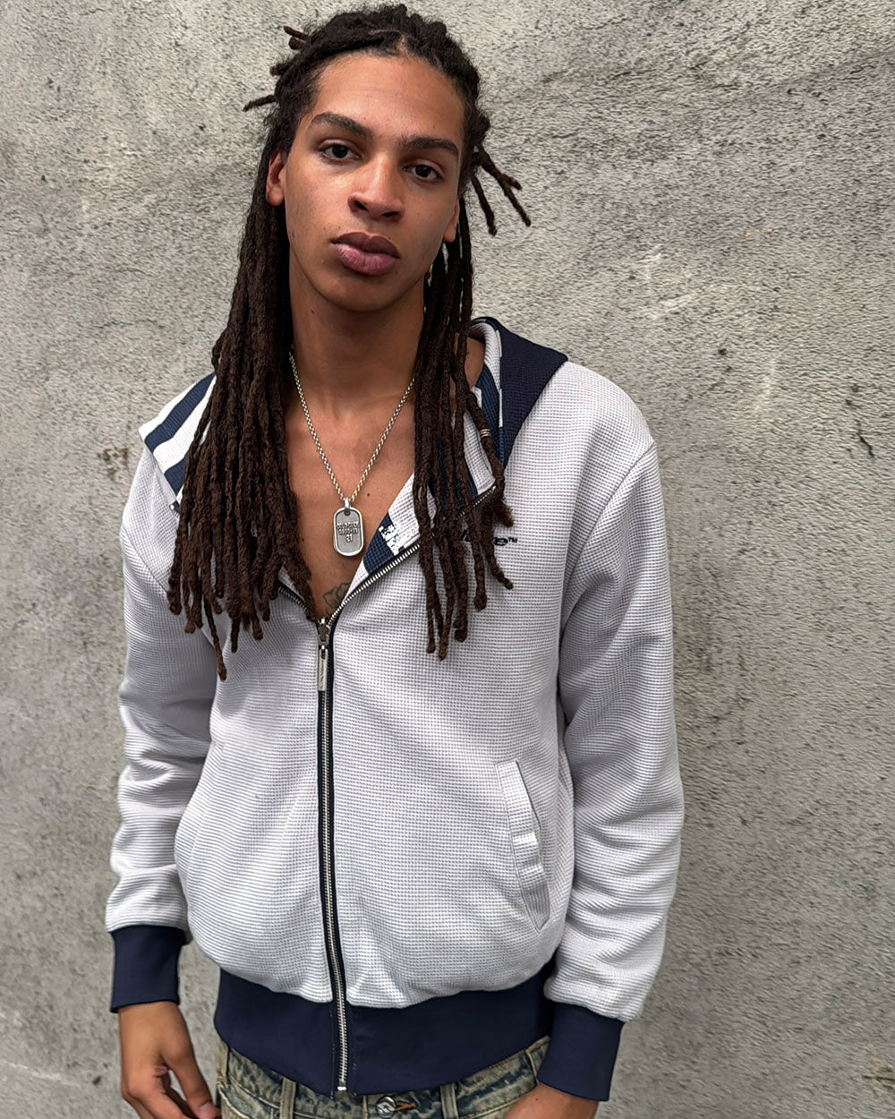 UNTRUE WAFFLE REVERSIBLE ZIP HOODIE BLUE - navy striped reversible zip-up hoodie, street style shot - Cold Culture