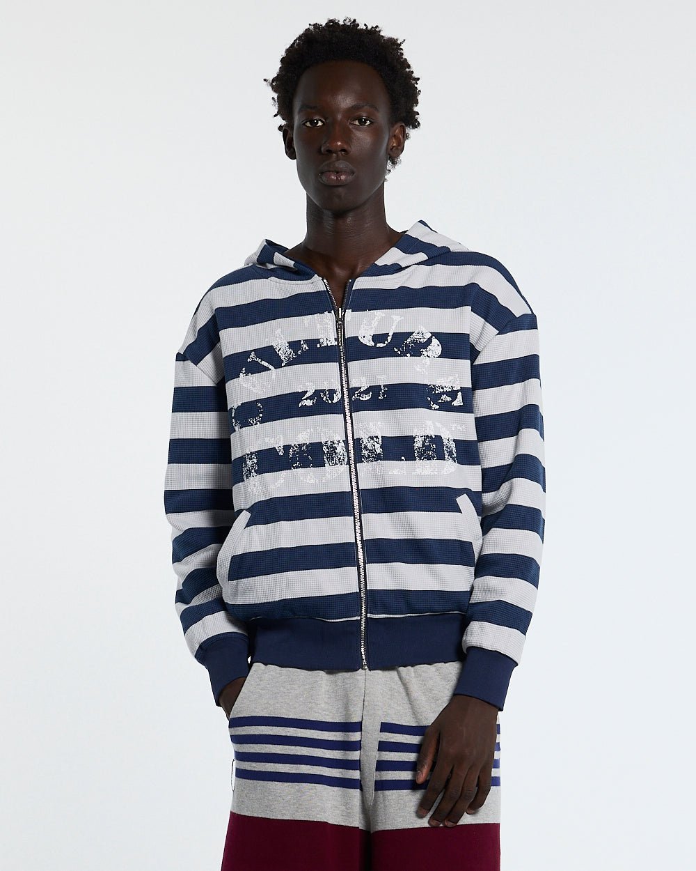 UNTRUE WAFFLE REVERSIBLE ZIP HOODIE BLUE - navy striped reversible zip-up hoodie, front view on male model - Cold Culture