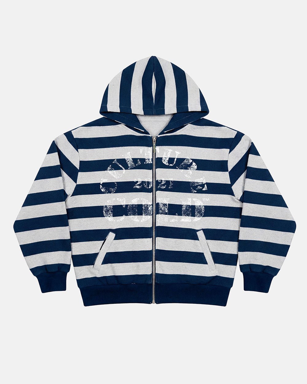 UNTRUE WAFFLE REVERSIBLE ZIP HOODIE BLUE - navy striped reversible zip-up hoodie, front view - Cold Culture