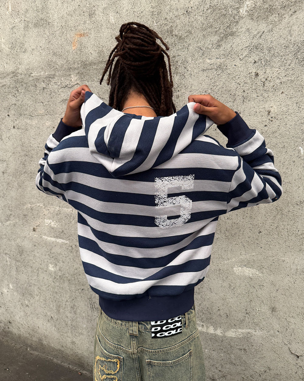 UNTRUE WAFFLE REVERSIBLE ZIP HOODIE BLUE - navy striped reversible zip-up hoodie, street style shot - Cold Culture