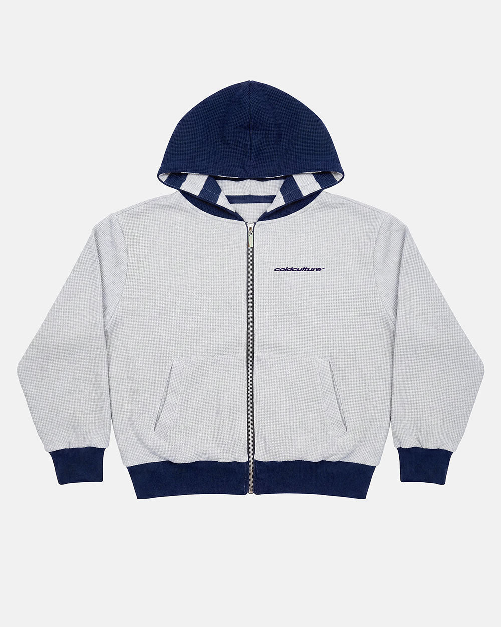 UNTRUE WAFFLE REVERSIBLE ZIP HOODIE BLUE - navy striped reversible zip-up hoodie, front view - Cold Culture