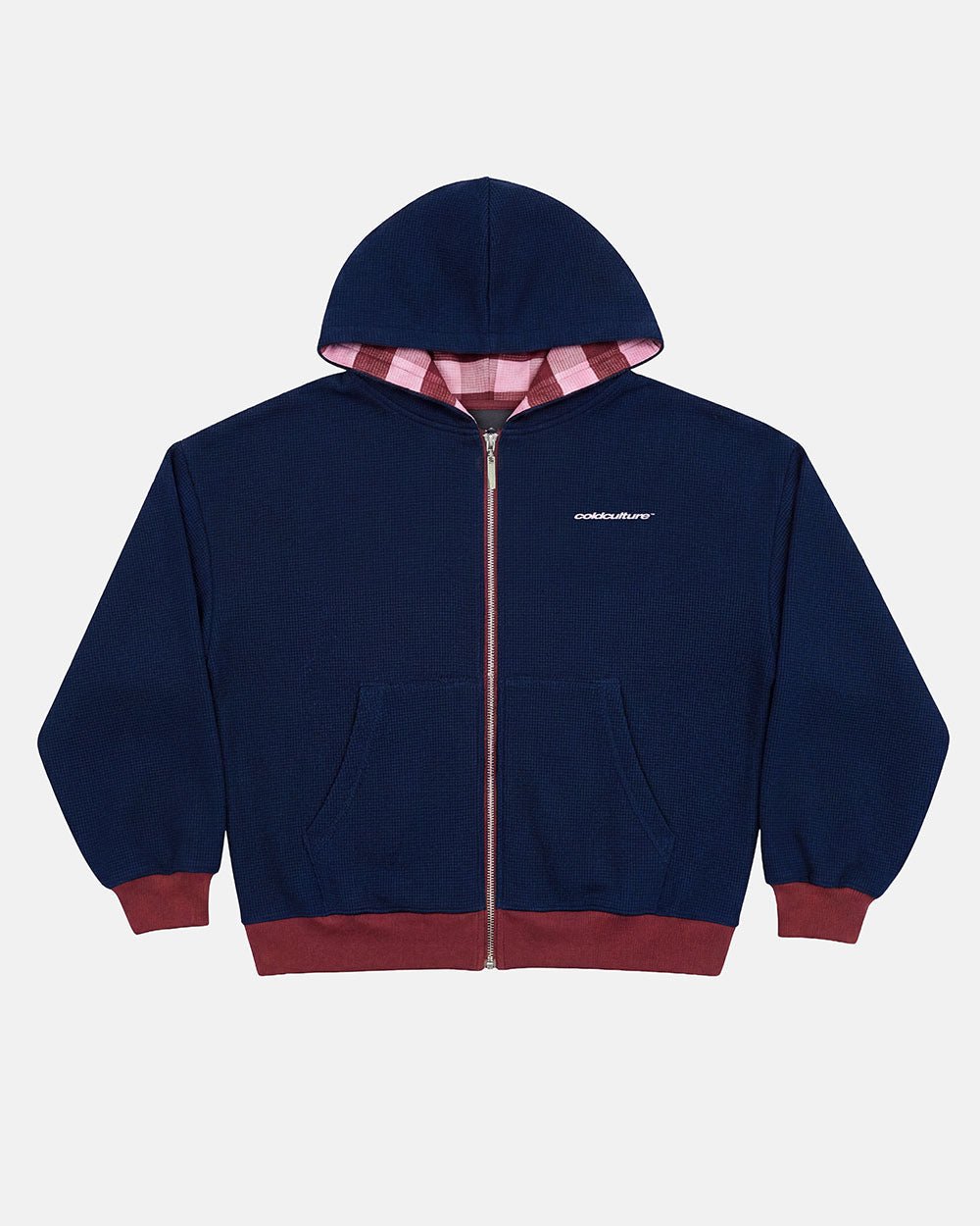 UNTRUE WAFFLE REVERSIBLE ZIP HOODIE PINK - pink striped reversible zip-up hoodie, front view - Cold Culture