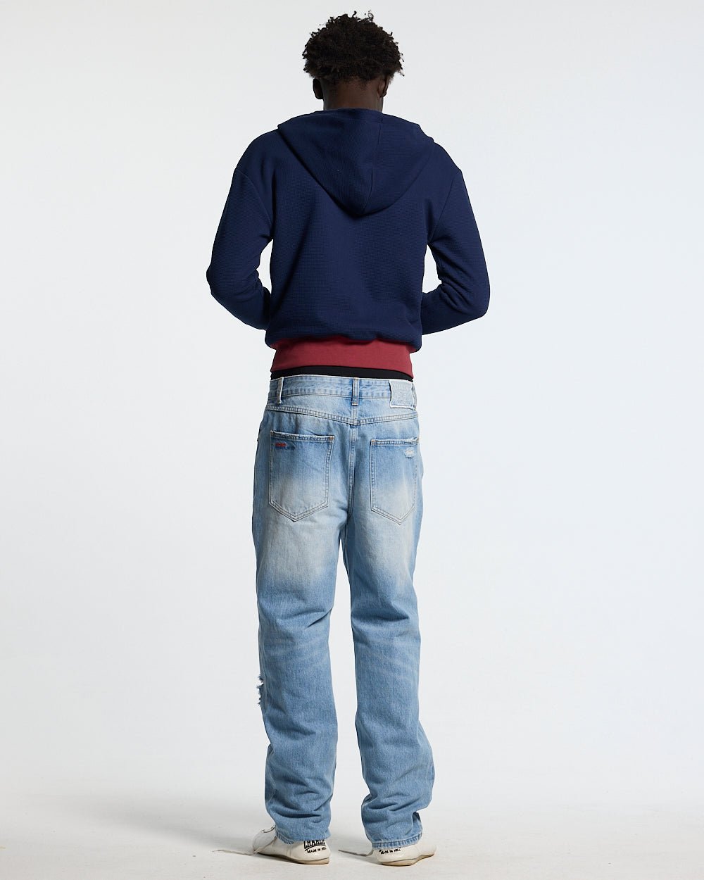 UNTRUE WAFFLE REVERSIBLE ZIP HOODIE PINK - pink striped reversible zip-up hoodie, back view on male model - Cold Culture