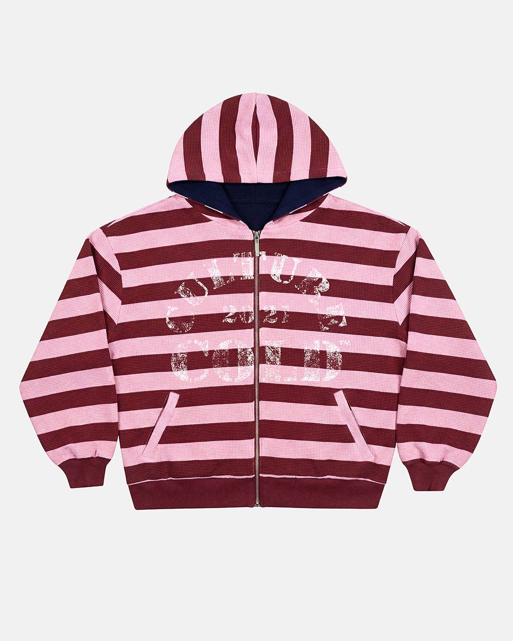 UNTRUE WAFFLE REVERSIBLE ZIP HOODIE PINK - pink striped reversible zip-up hoodie, front view - Cold Culture