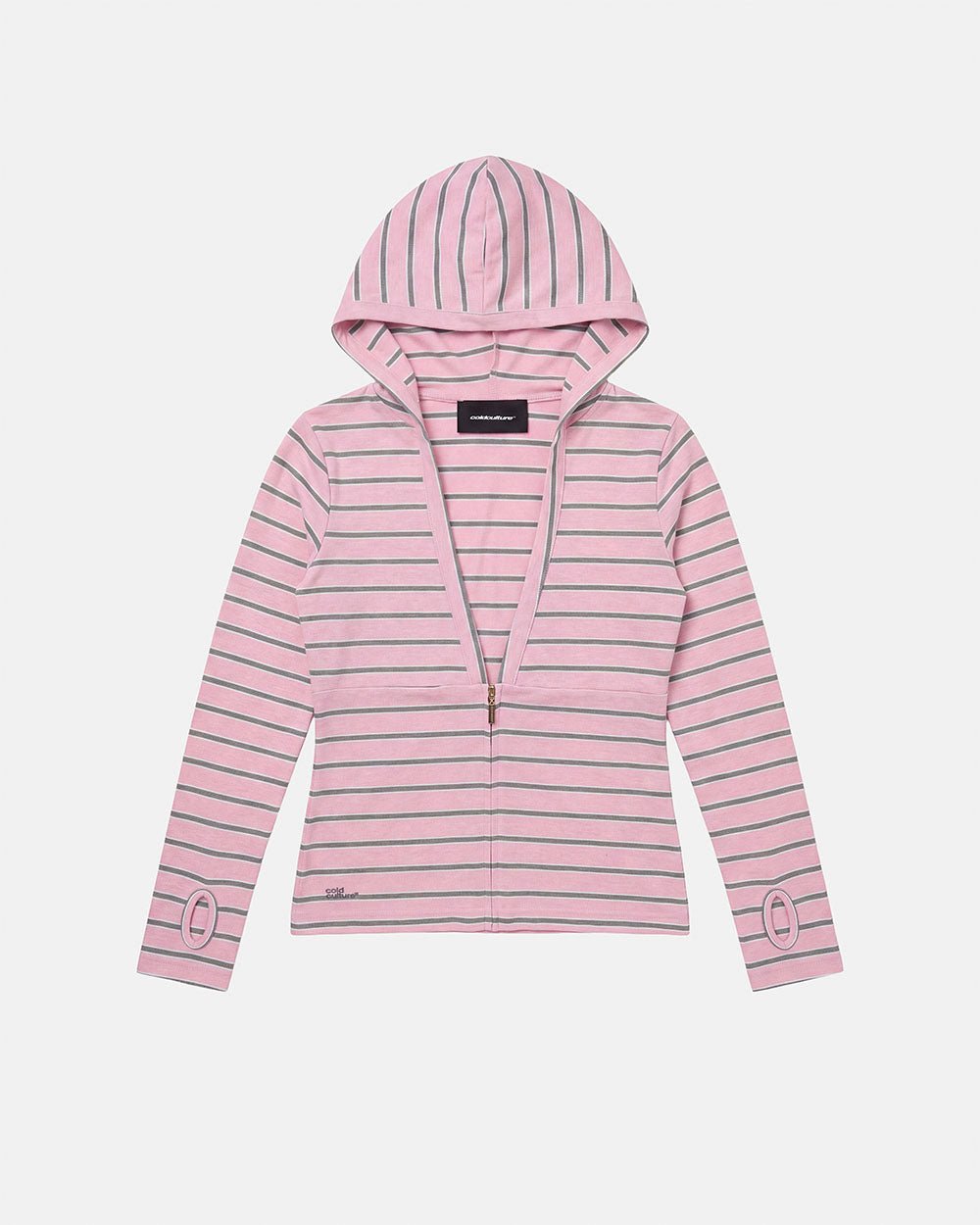 WHIPPED CREAM ZIP LONGSLEEVE PINK - pink striped zip longsleeve, front view - Cold Culture