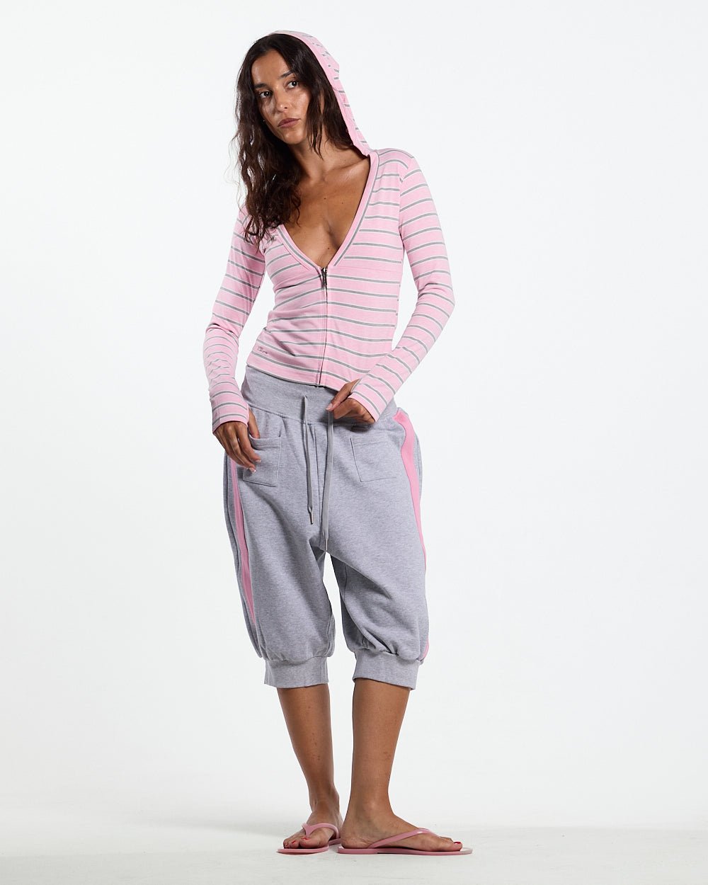 WHIPPED CREAM ZIP LONGSLEEVE PINK - pink striped zip longsleeve, front view on female model - Cold Culture