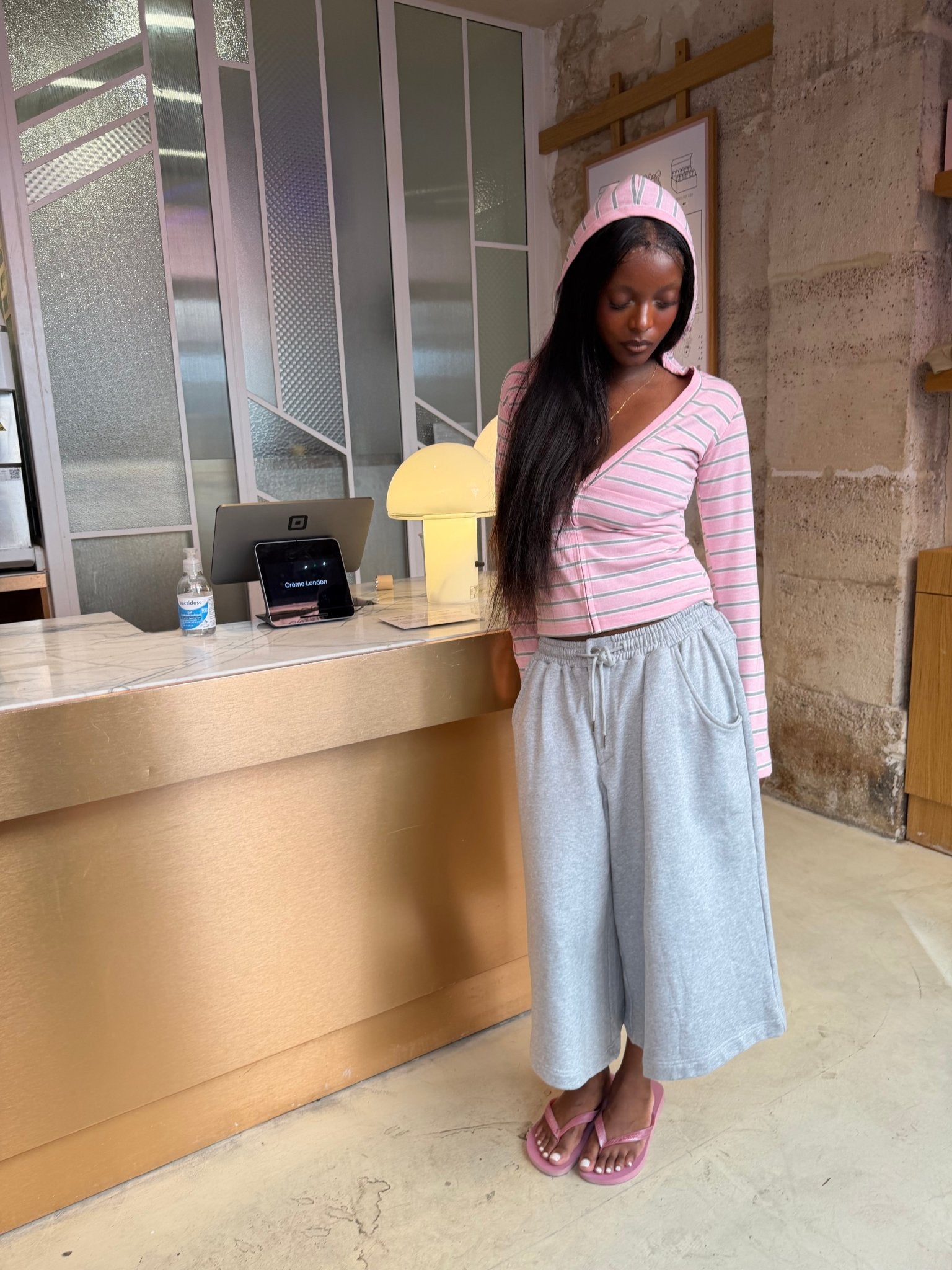 WHIPPED CREAM ZIP LONGSLEEVE PINK - pink striped zip longsleeve, street style shot - Cold Culture