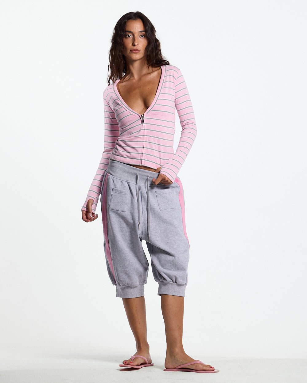 WHIPPED CREAM ZIP LONGSLEEVE PINK - pink striped zip longsleeve, front view on female model - Cold Culture
