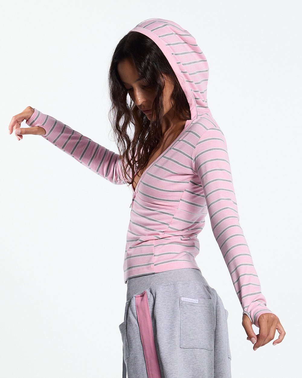 WHIPPED CREAM ZIP LONGSLEEVE PINK - pink striped zip longsleeve, side view - Cold Culture