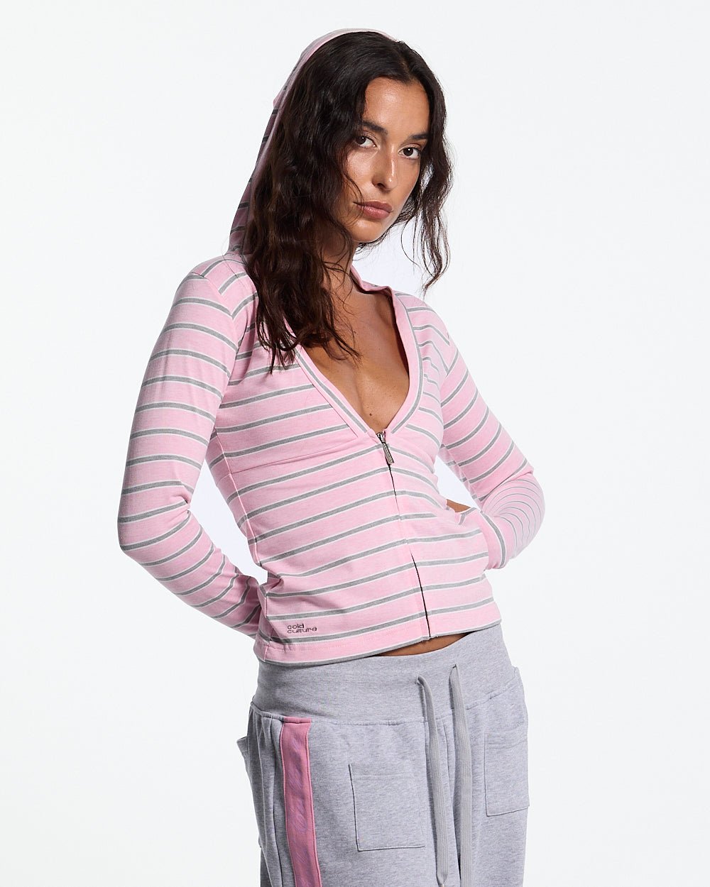 WHIPPED CREAM ZIP LONGSLEEVE PINK - pink striped zip longsleeve, front view on female model - Cold Culture
