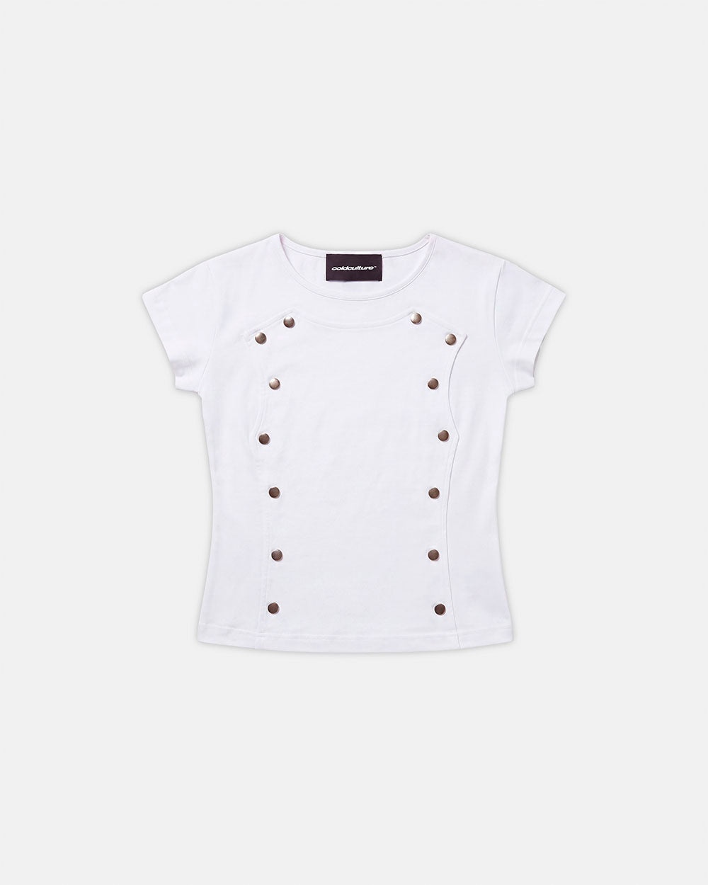 WHISK BABY TEE WHITE - white studded baby tee, front view - Cold Culture
