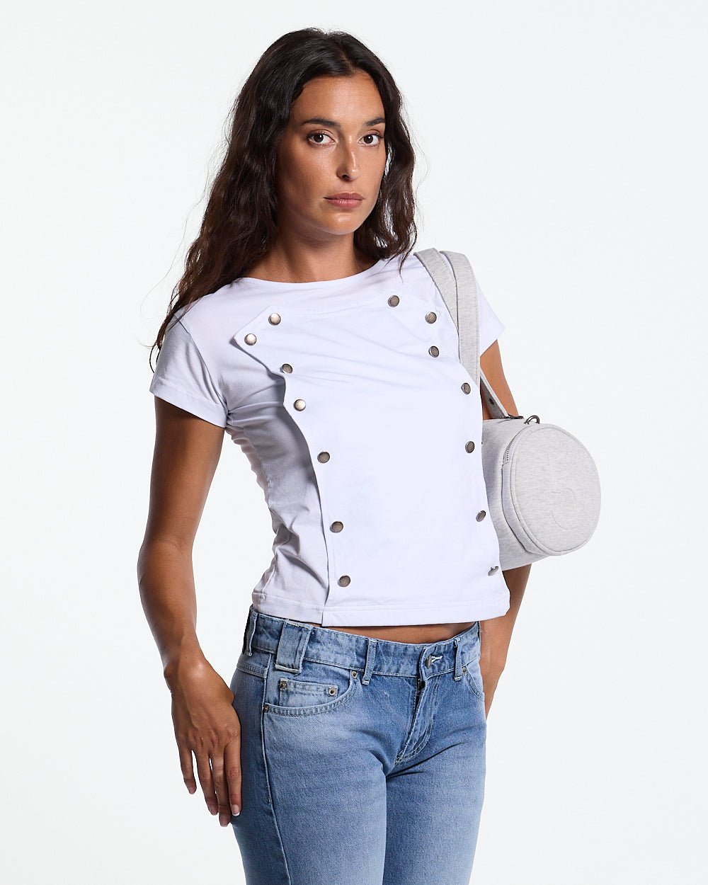 WHISK BABY TEE WHITE - white studded baby tee, front view on female model - Cold Culture