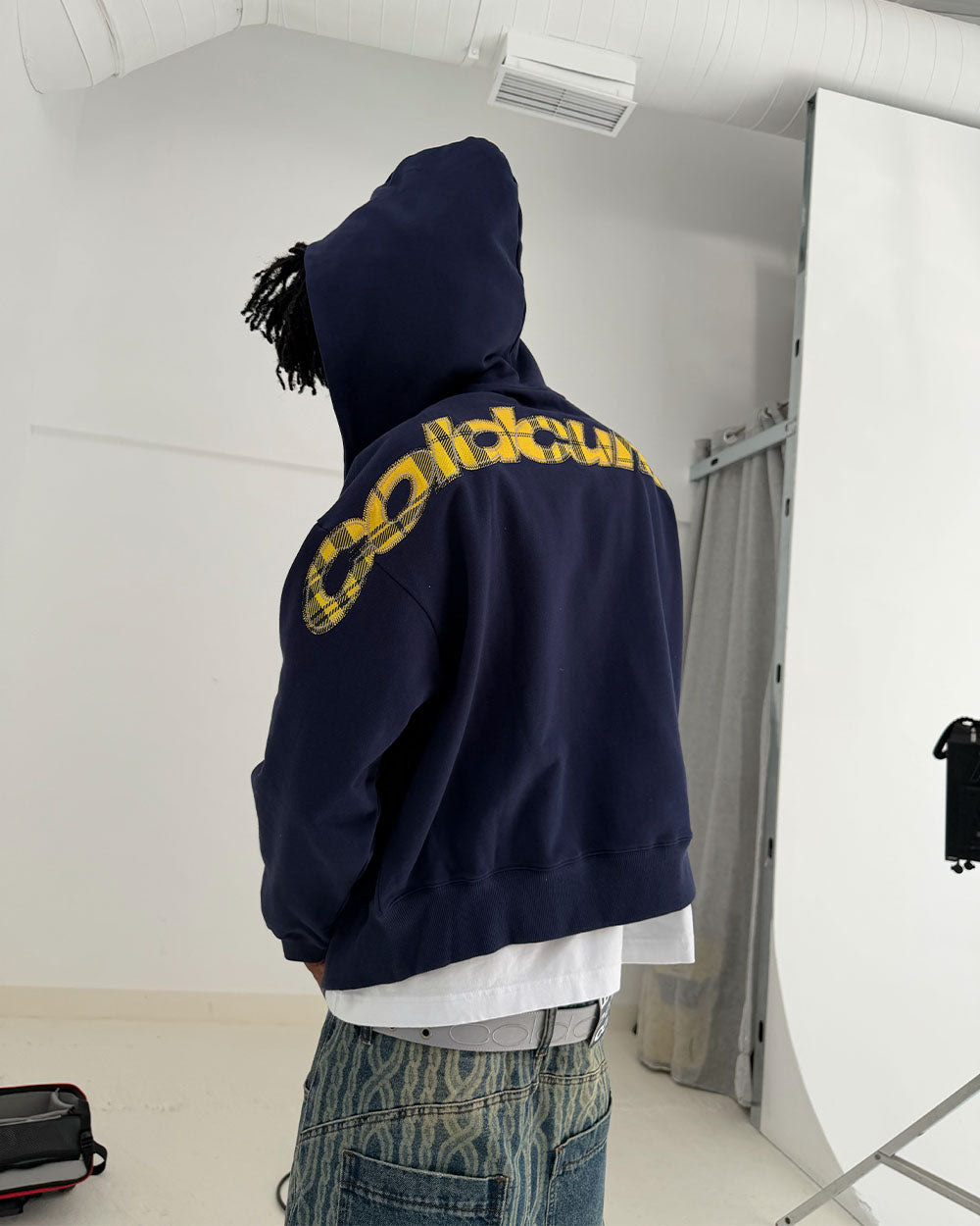 TARTAN DISTRESS CURVED ZIP HOODIE BLUE