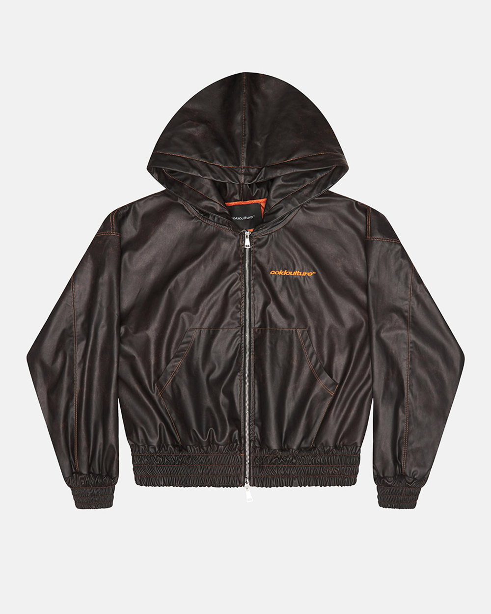 FAUX LEATHER ZIP HOODIE BROWN