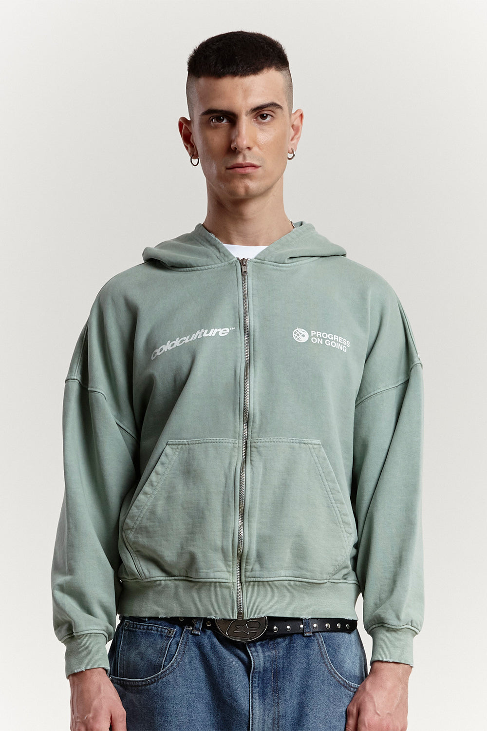 BURNING ZIP HOODIE +WASHED MARINE GREEN