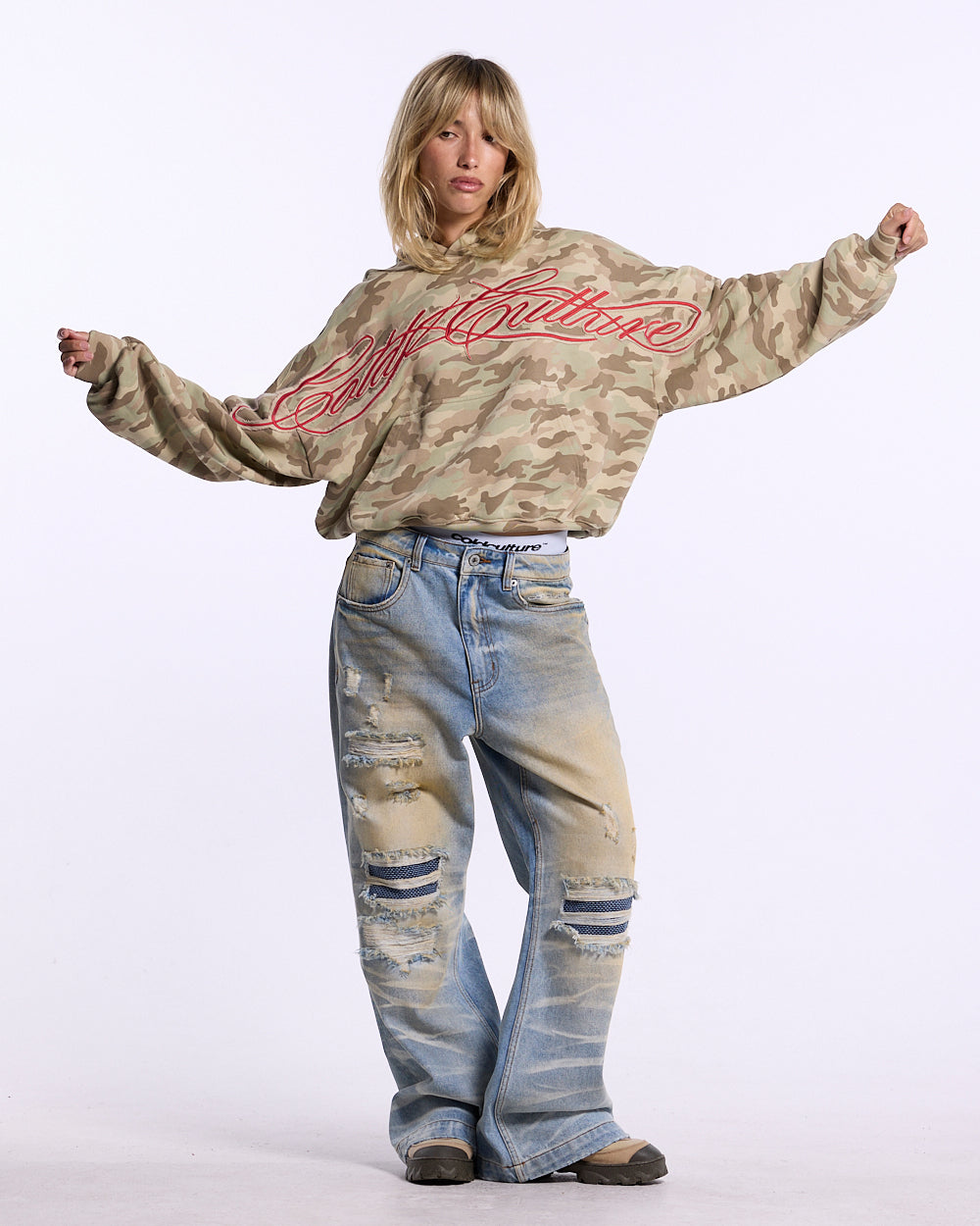 CROSSED DISTRESS HOODIE CAMO