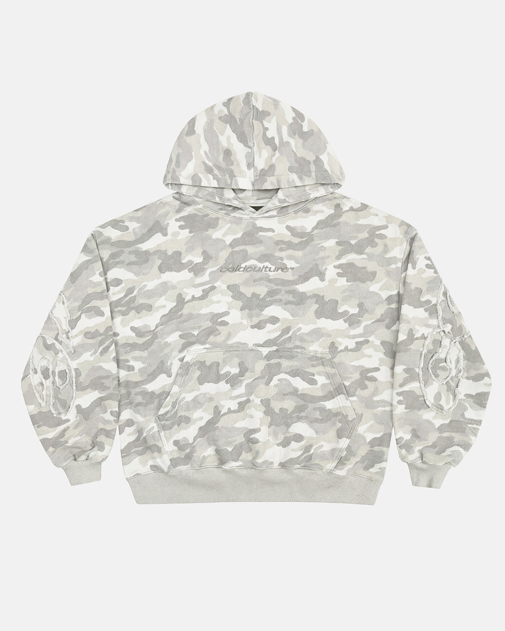DISTRESS CURVED HOODIE CAMO GREY