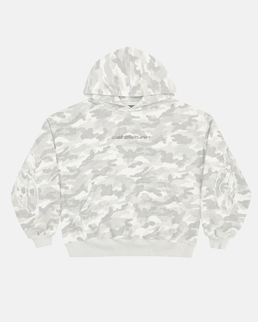 DISTRESS CURVED HOODIE CAMO GREY