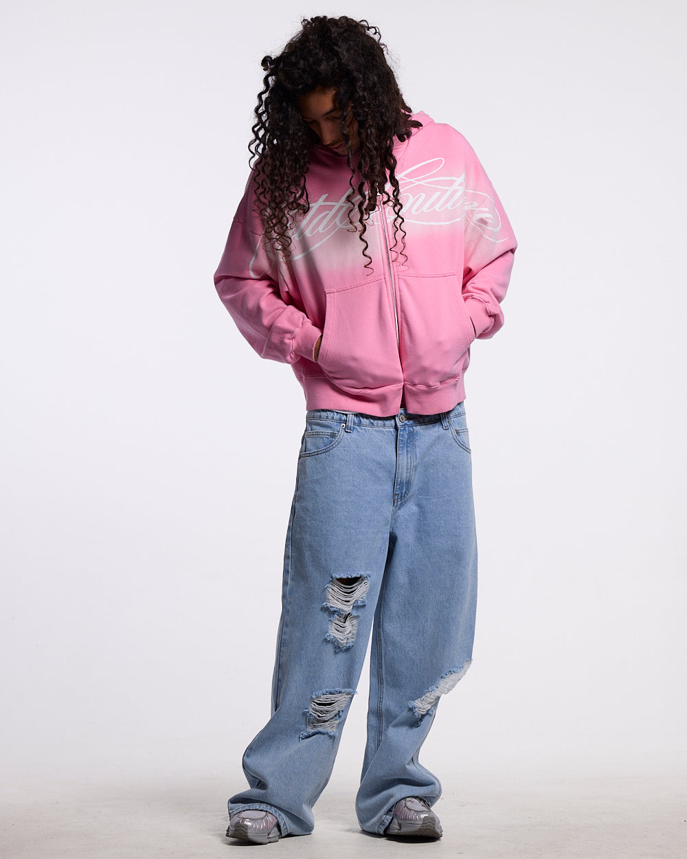 CROSSED SCRIPT ZIP HOODIE PINK