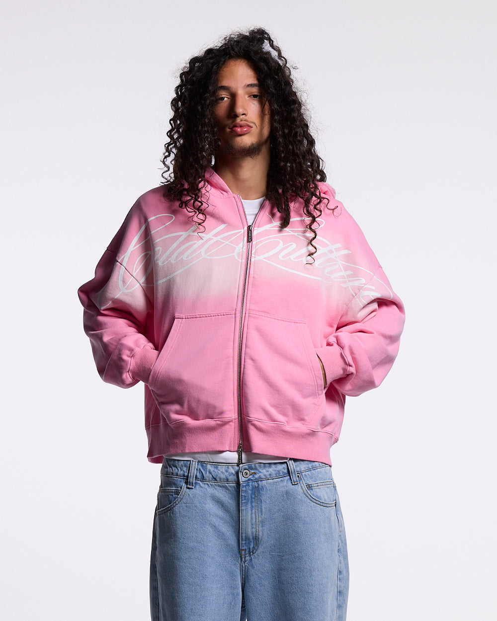 CROSSED SCRIPT ZIP HOODIE PINK