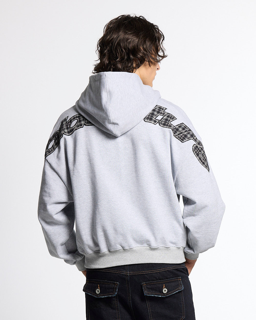 TARTAN DISTRESS CURVED HOODIE HEATHER GREY