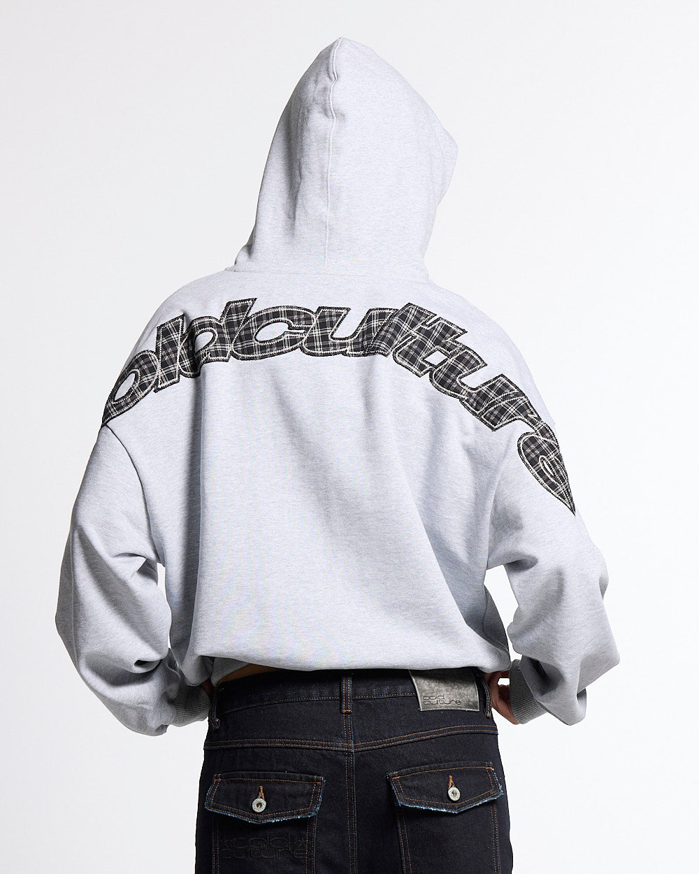 TARTAN DISTRESS CURVED HOODIE HEATHER GREY