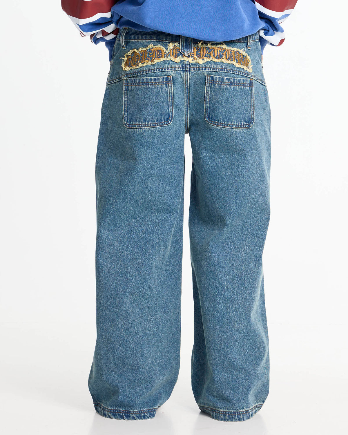 DISTRESS CURVED LOOSE PANTS BLUE - Cold Culture