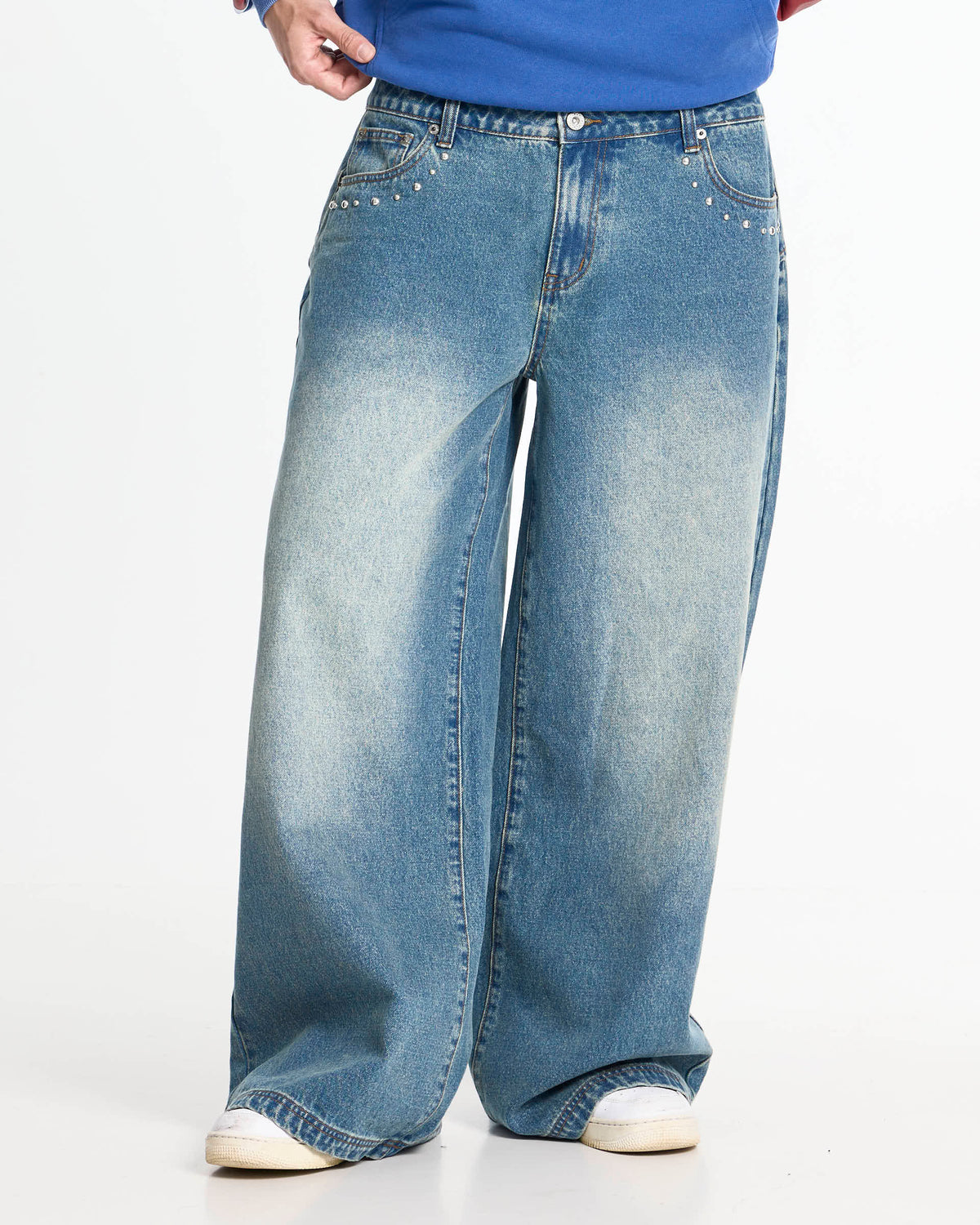 DISTRESS CURVED LOOSE PANTS BLUE - Cold Culture