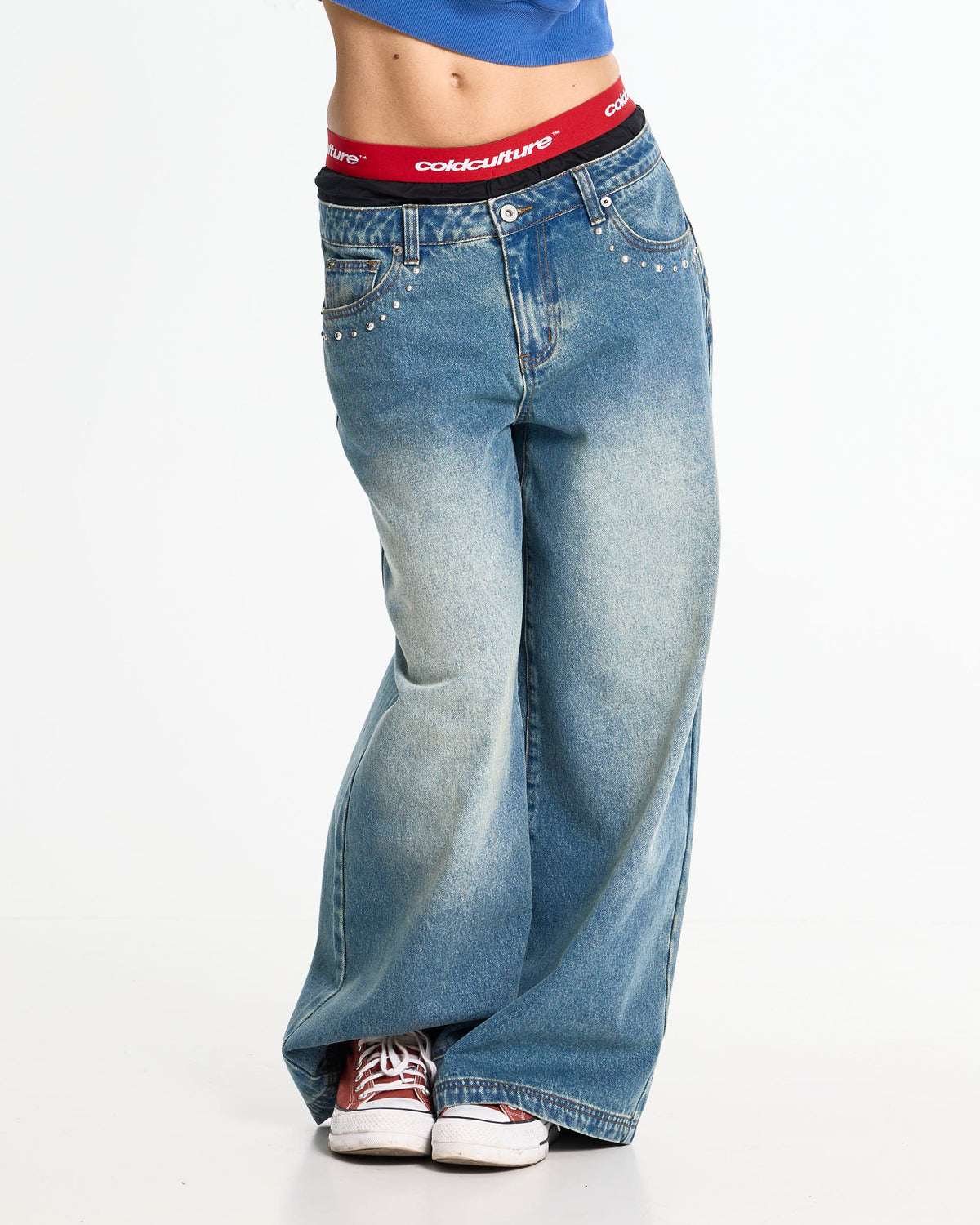 DISTRESS CURVED LOOSE PANTS BLUE - Cold Culture