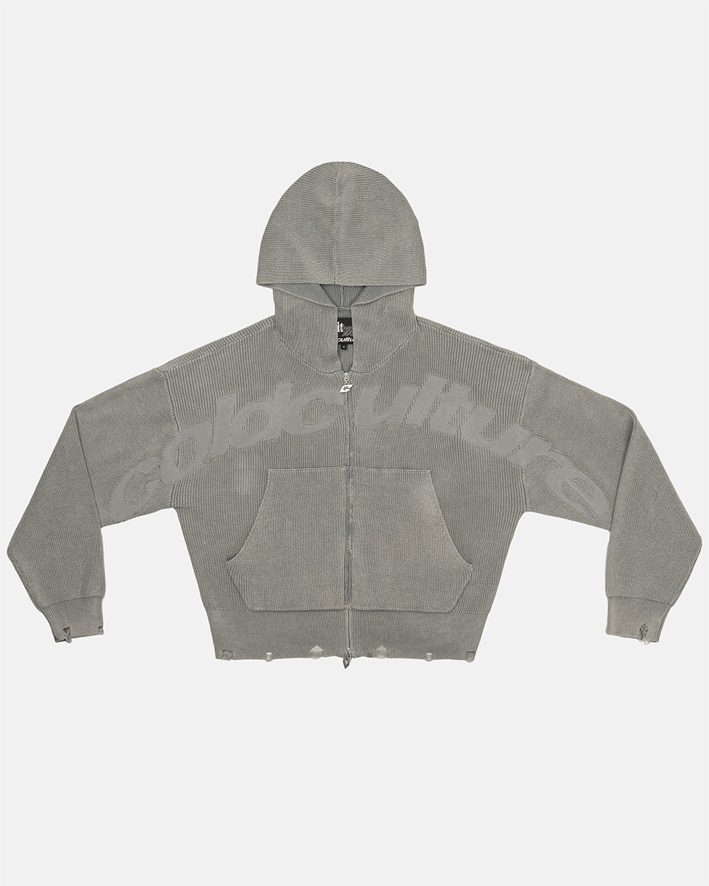 DISTRESS CURVED ZIP KNIT HOODIE GREY