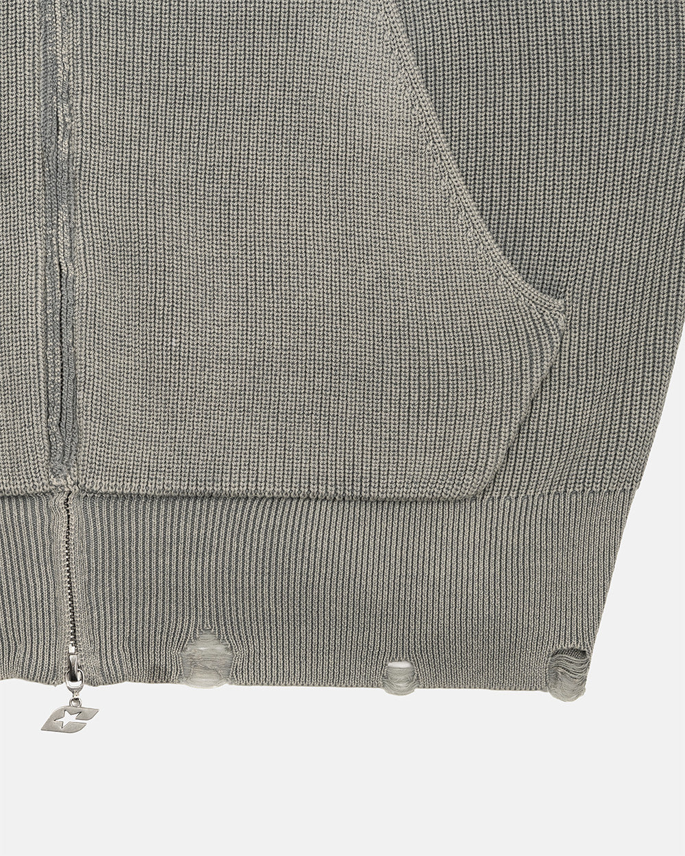 DISTRESS CURVED ZIP KNIT HOODIE GREY