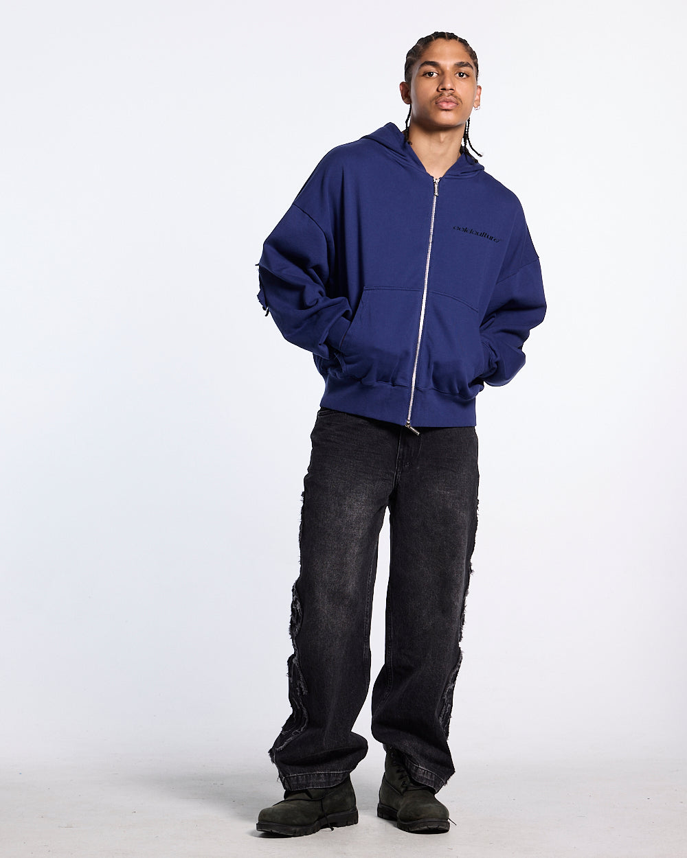 DISTRESS CURVED ZIP HOODIE NAVY