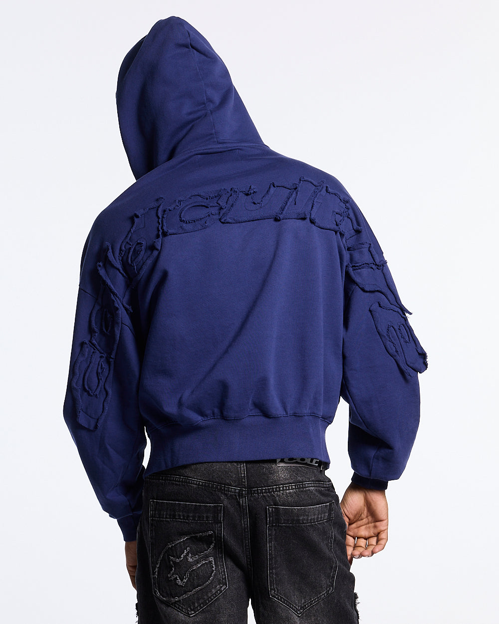 DISTRESS CURVED ZIP HOODIE NAVY