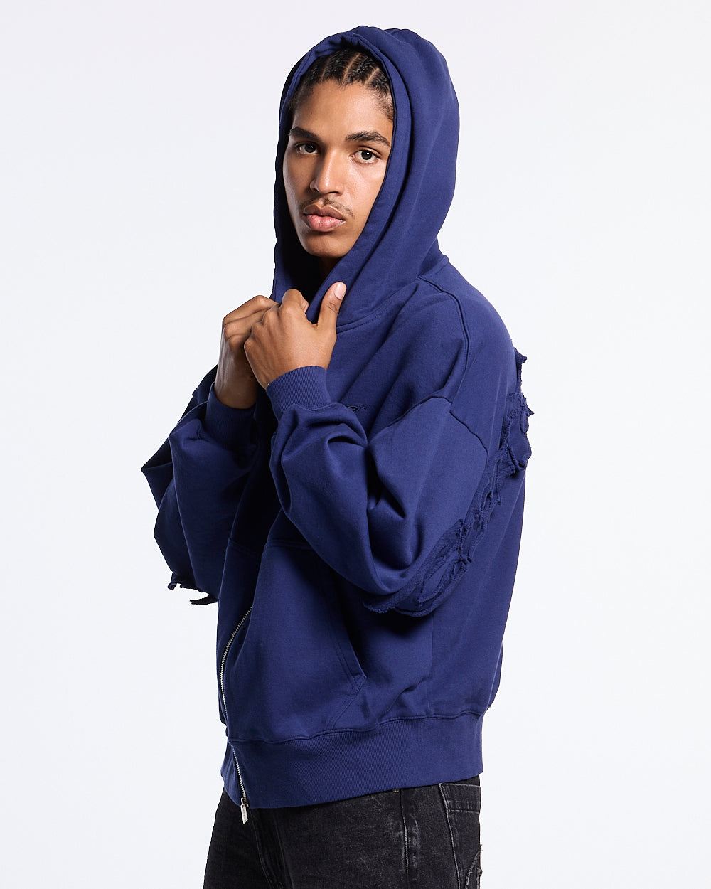 DISTRESS CURVED ZIP HOODIE NAVY