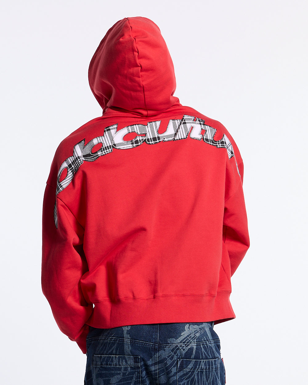 TARTAN DISTRESS CURVED ZIP HOODIE RED