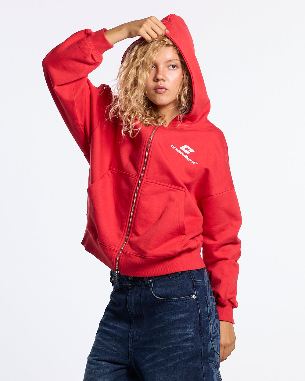 TARTAN DISTRESS CURVED ZIP HOODIE RED