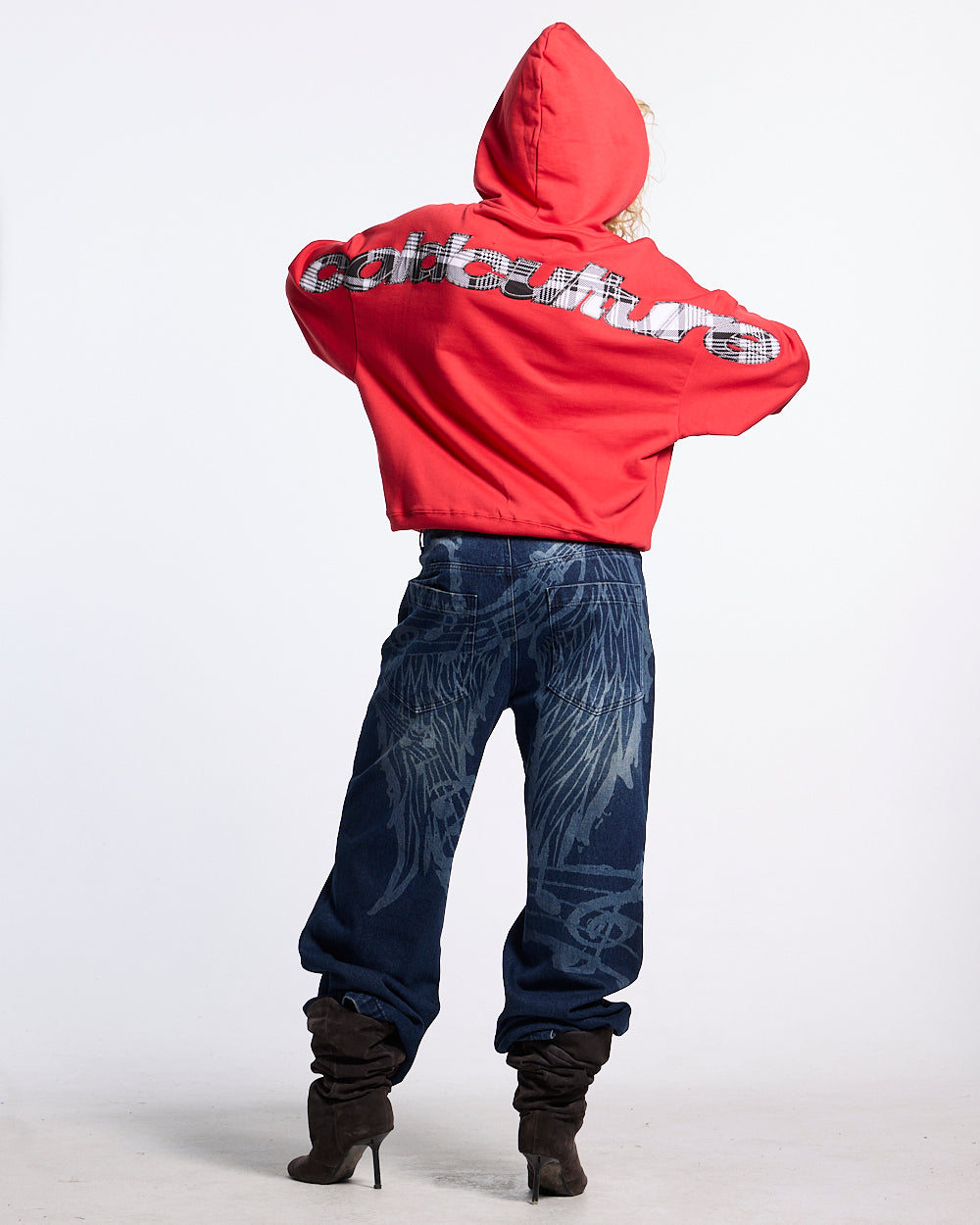 TARTAN DISTRESS CURVED ZIP HOODIE RED